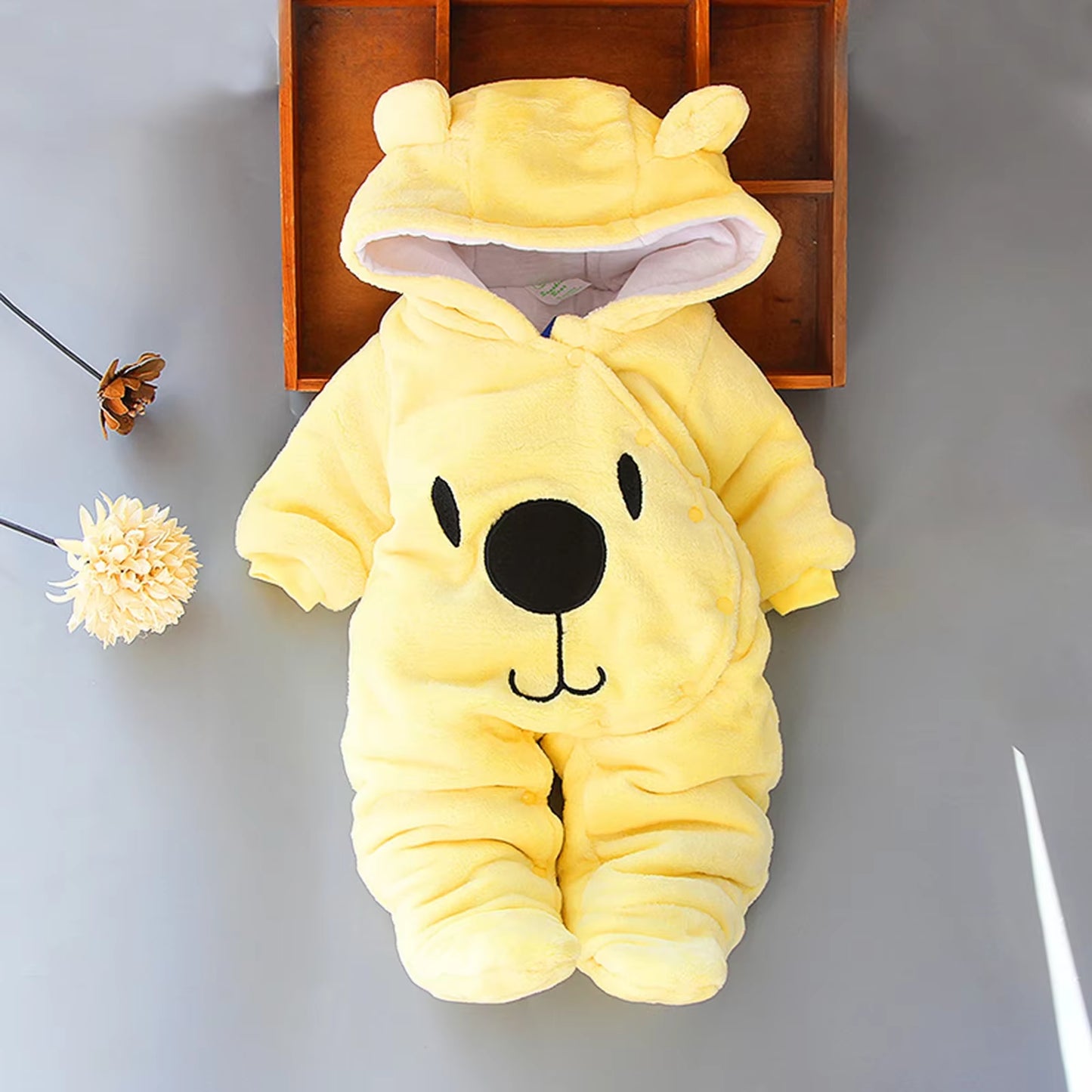 Baby Hooded Footie Romper Snap up Fleece Snowsuit with Headband Foot Cover Jumpsuit Winter Cute Pattern Jumpsuit Outwear