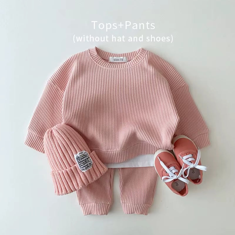 Fashion Toddler Baby Girl Clothing Sets for Infant Waffle Cotton Baby Boys Clothes Set Sweatshirt+Pants 2Pcs Outfit Kids Costume