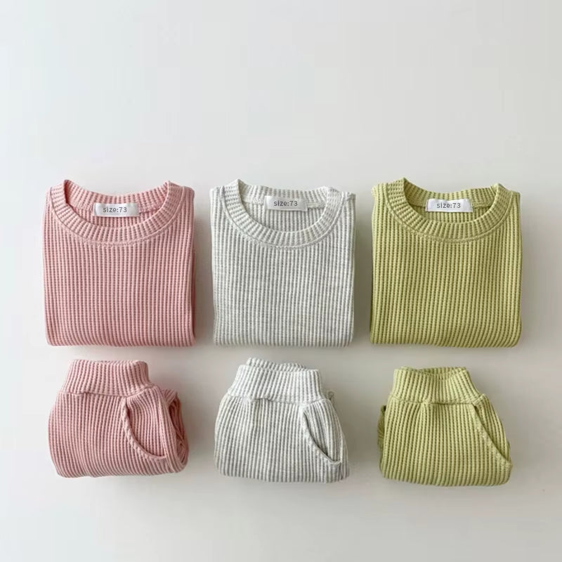 Fashion Toddler Baby Girl Clothing Sets for Infant Waffle Cotton Baby Boys Clothes Set Sweatshirt+Pants 2Pcs Outfit Kids Costume