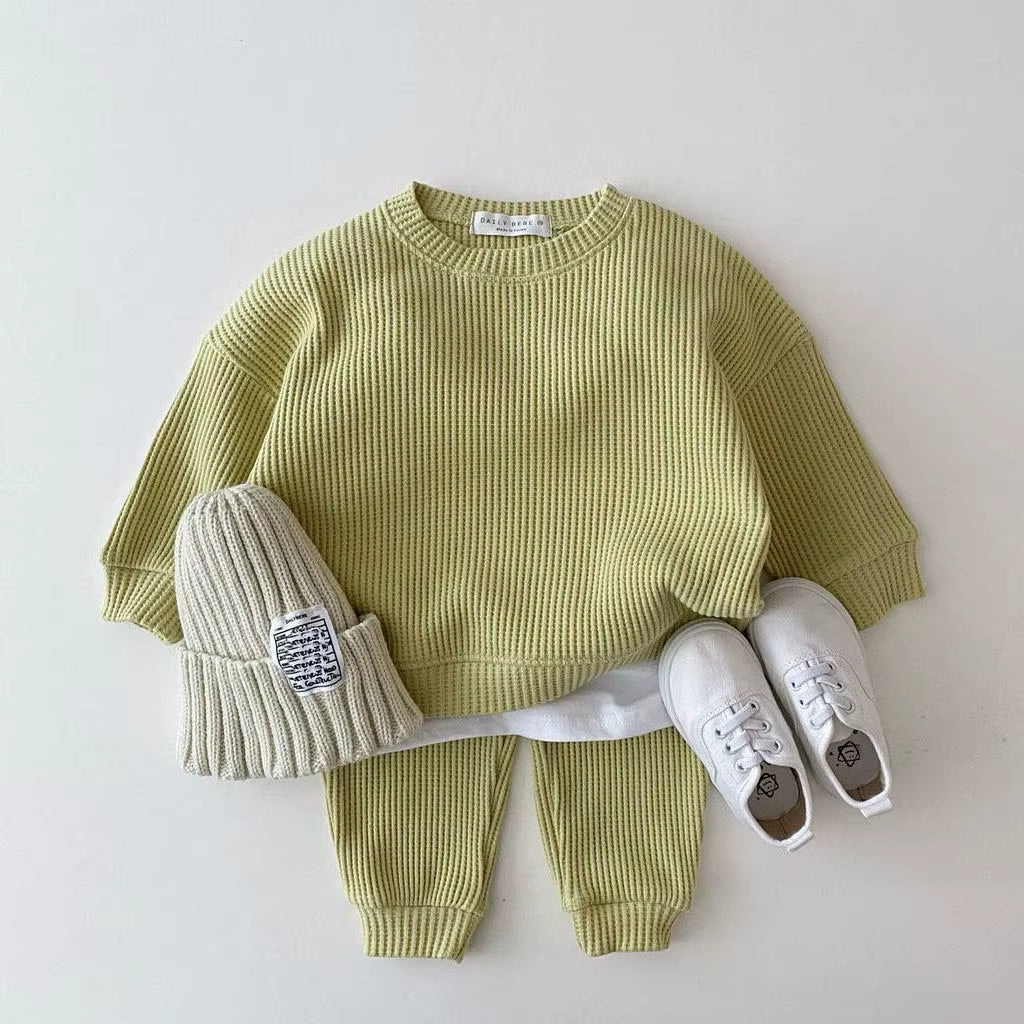 Fashion Toddler Baby Girl Clothing Sets for Infant Waffle Cotton Baby Boys Clothes Set Sweatshirt+Pants 2Pcs Outfit Kids Costume