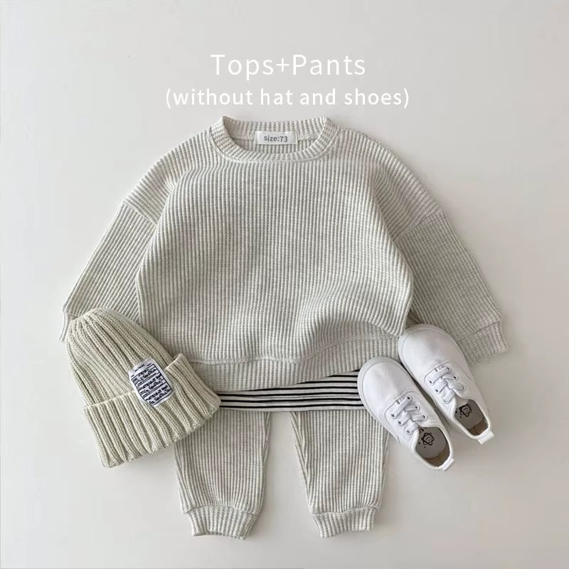 Fashion Toddler Baby Girl Clothing Sets for Infant Waffle Cotton Baby Boys Clothes Set Sweatshirt+Pants 2Pcs Outfit Kids Costume