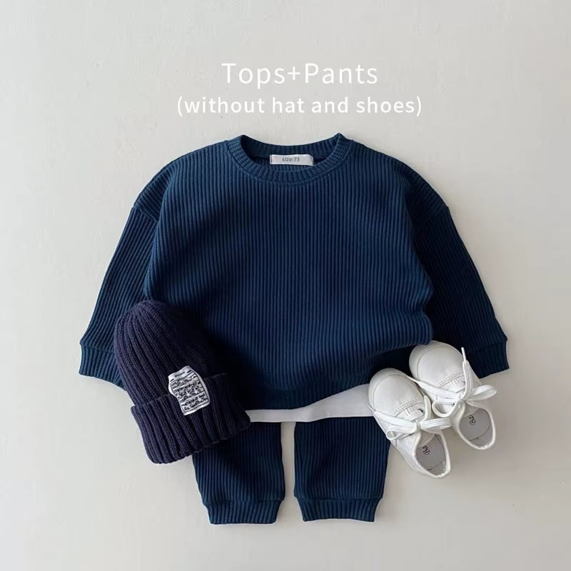 Fashion Toddler Baby Girl Clothing Sets for Infant Waffle Cotton Baby Boys Clothes Set Sweatshirt+Pants 2Pcs Outfit Kids Costume