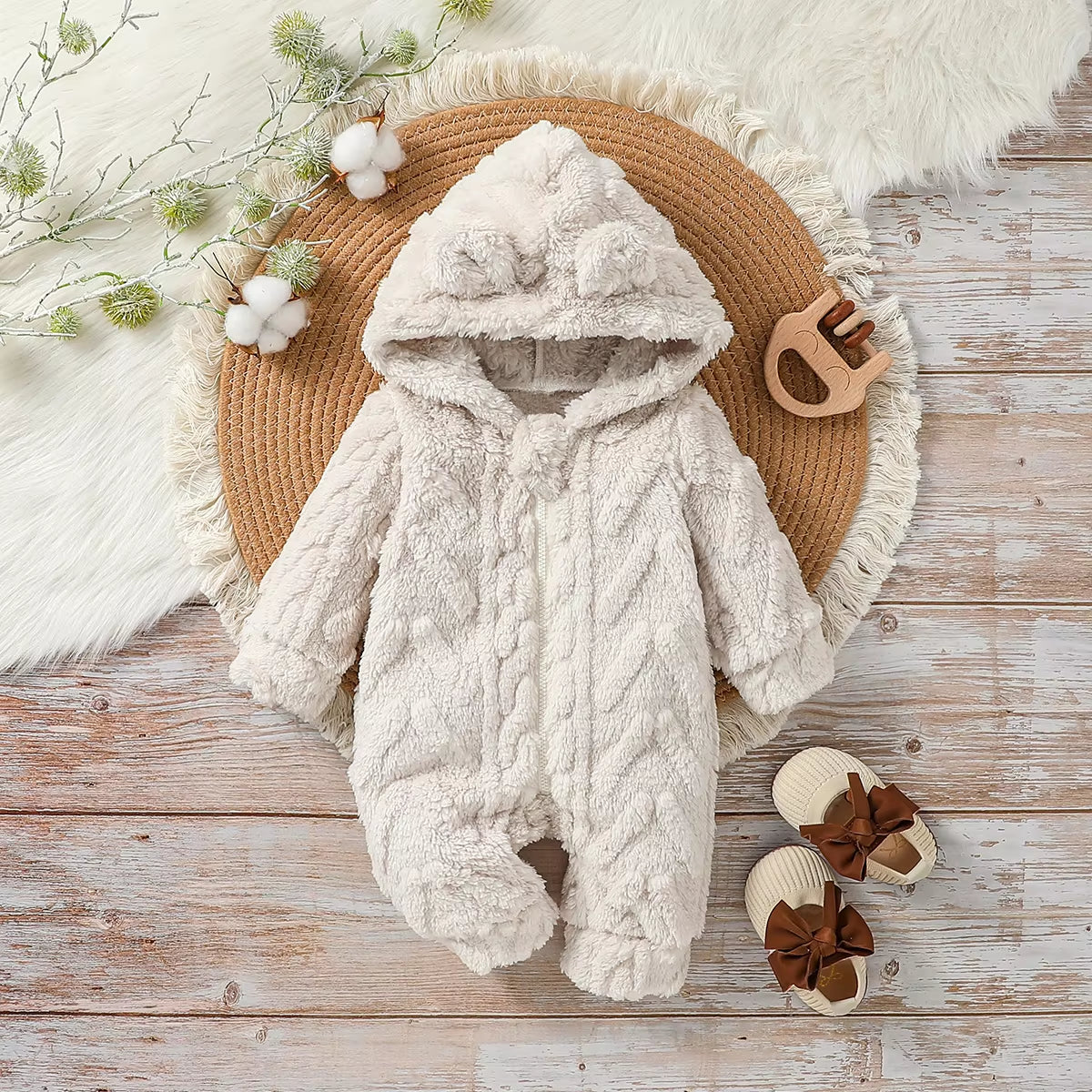 Baby Boys Winter Long Sleeve Soild Plush Hoodie Zipper Fashion Jumpsuit for Newborn Warm Clothes