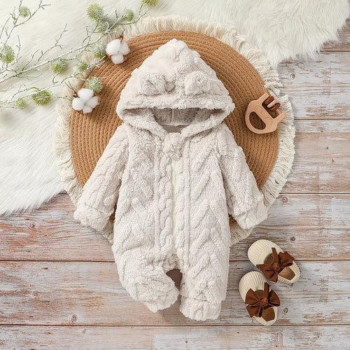Baby Boys Winter Long Sleeve Soild Plush Hoodie Zipper Fashion Jumpsuit for Newborn Warm Clothes