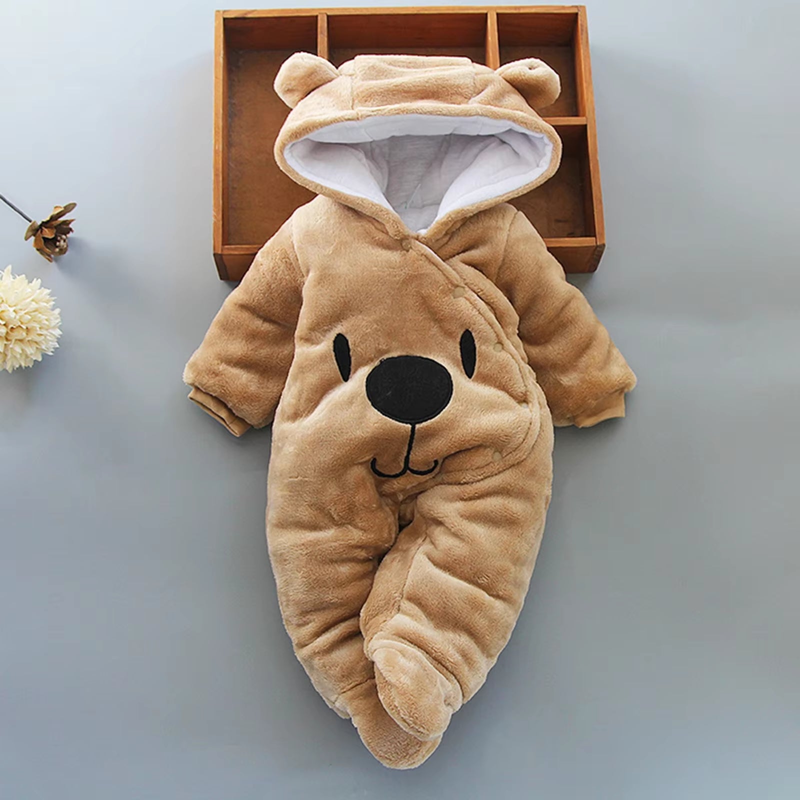 Baby Hooded Footie Romper Snap up Fleece Snowsuit with Headband Foot Cover Jumpsuit Winter Cute Pattern Jumpsuit Outwear