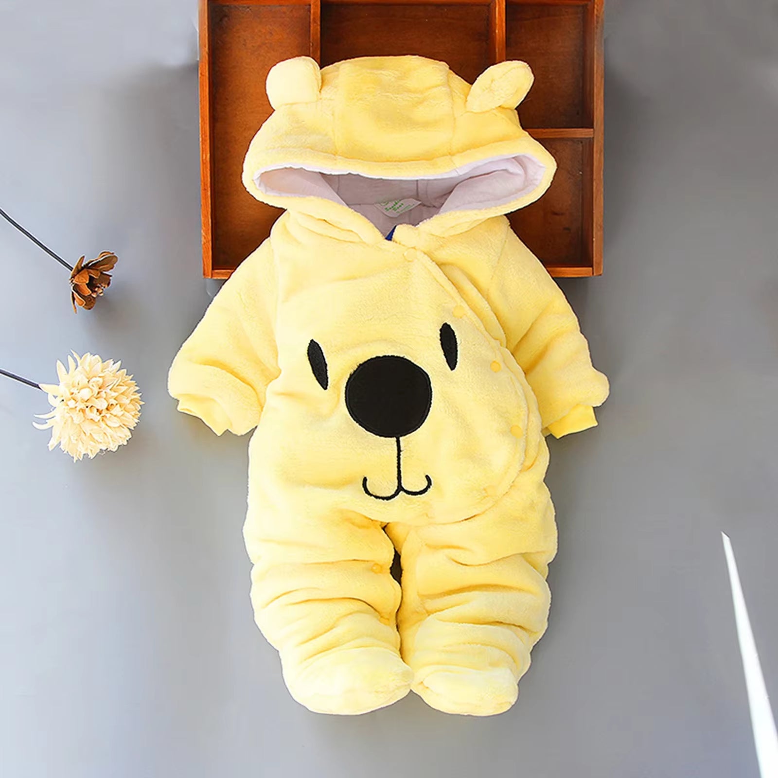 Baby Hooded Footie Romper Snap up Fleece Snowsuit with Headband Foot Cover Jumpsuit Winter Cute Pattern Jumpsuit Outwear