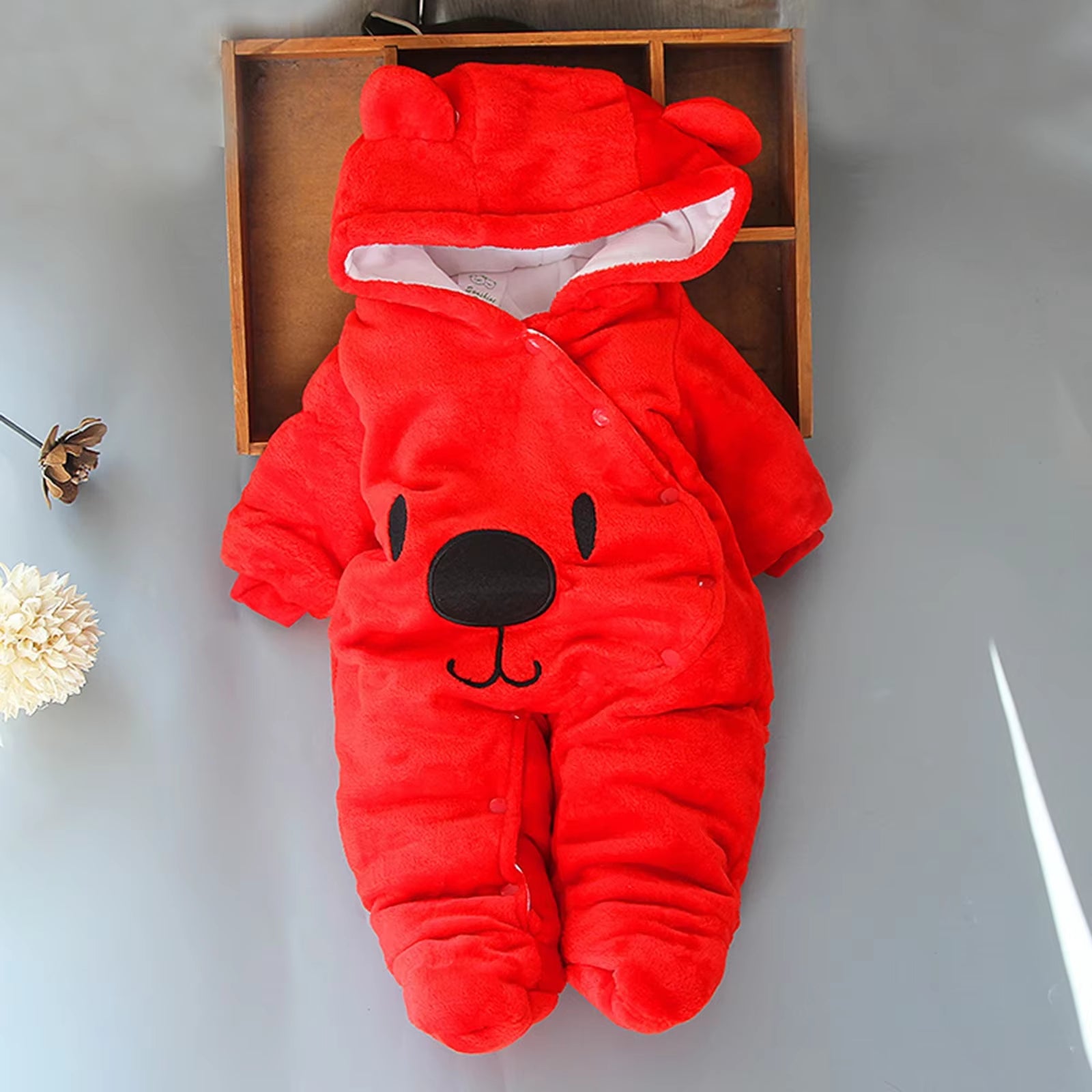 Baby Hooded Footie Romper Snap up Fleece Snowsuit with Headband Foot Cover Jumpsuit Winter Cute Pattern Jumpsuit Outwear