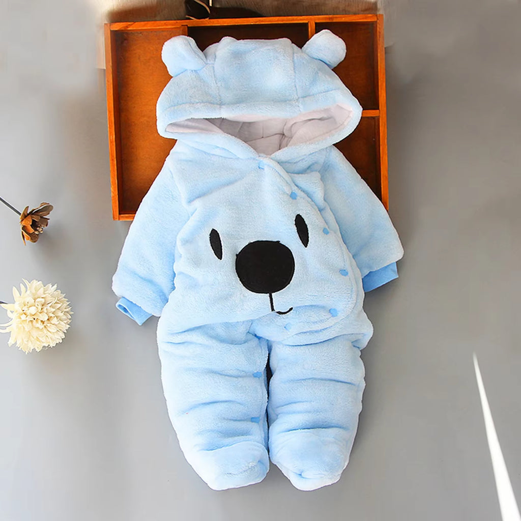 Baby Hooded Footie Romper Snap up Fleece Snowsuit with Headband Foot Cover Jumpsuit Winter Cute Pattern Jumpsuit Outwear
