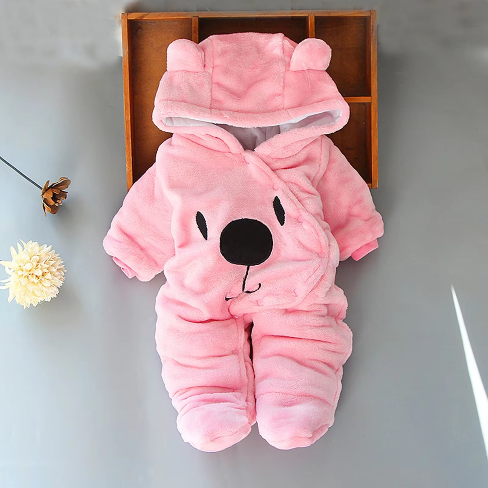 Baby Hooded Footie Romper Snap up Fleece Snowsuit with Headband Foot Cover Jumpsuit Winter Cute Pattern Jumpsuit Outwear